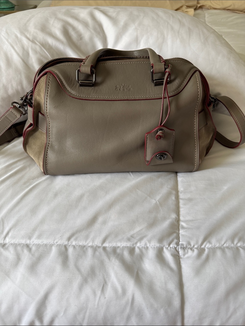 Coach Taupe Satchel with Red Trim